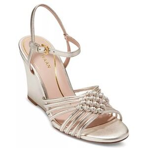 COLE HAAN Jitney Knot Wedge Soft Gold Leather Metallic Sandals Size 10 B NIB‎